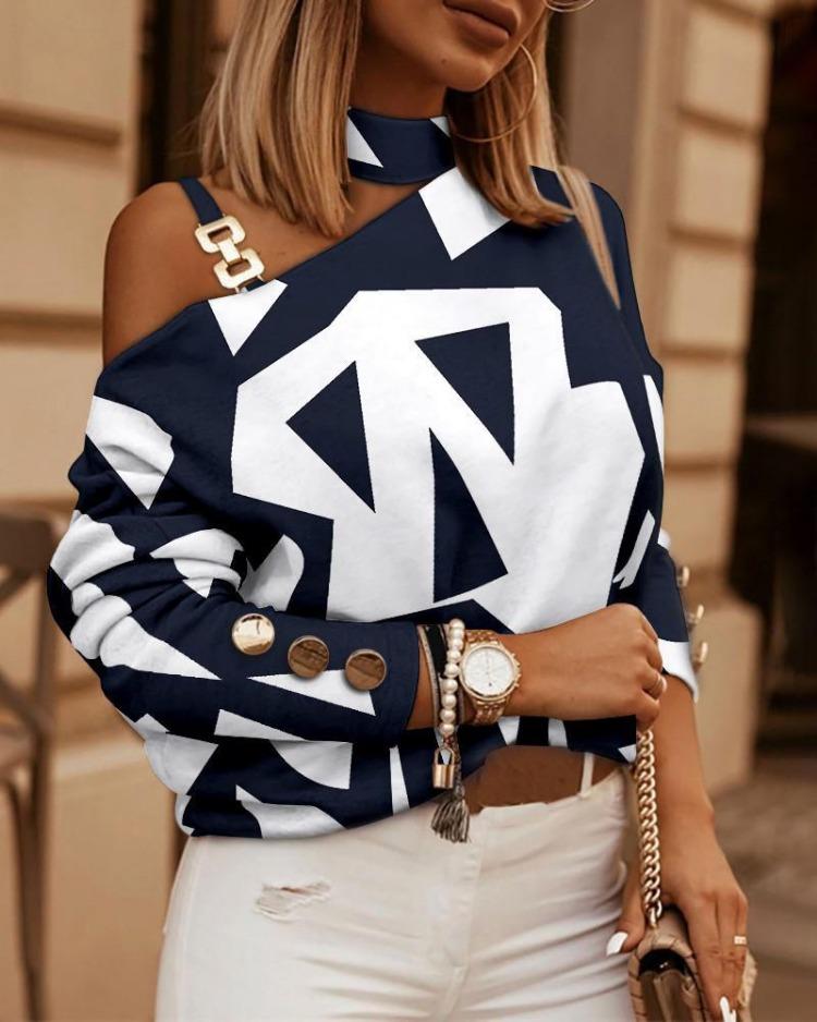 Women Long Sleeve Chain Halter Neck Printed Tops Autumn Winter Button Decorated Fashion