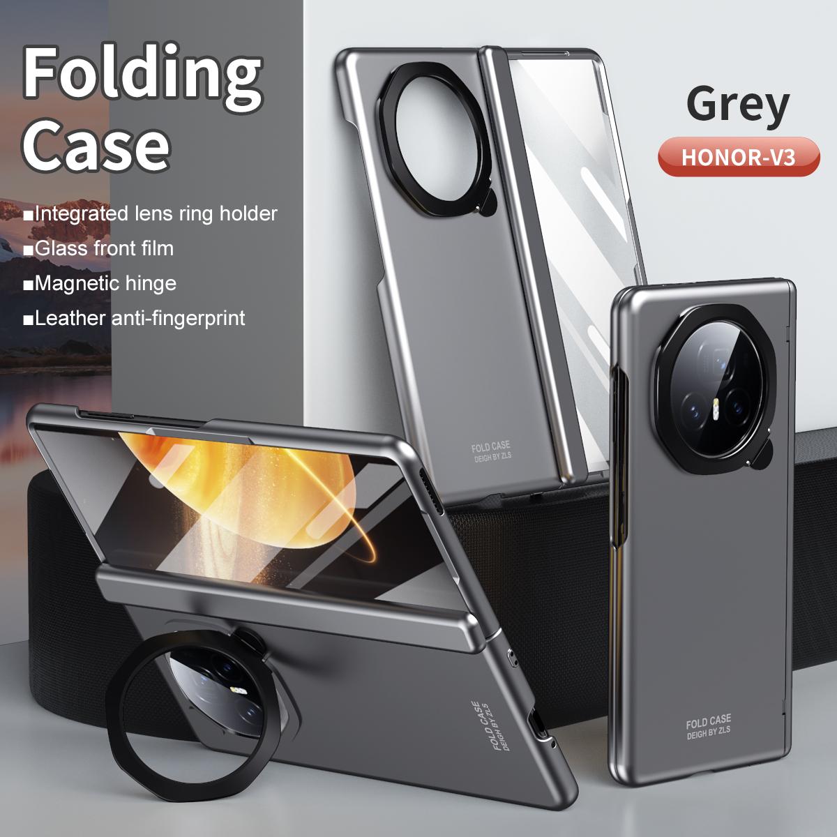 

Роскошный деловой чехол-держатель с матовым покрытием и шарниром для Honor Magic V3, черный, серый, с кольцом-держателем и защитной пленкой из HD-стекла спереди, противоударный защитный чехол For Honor Magic V3 серый