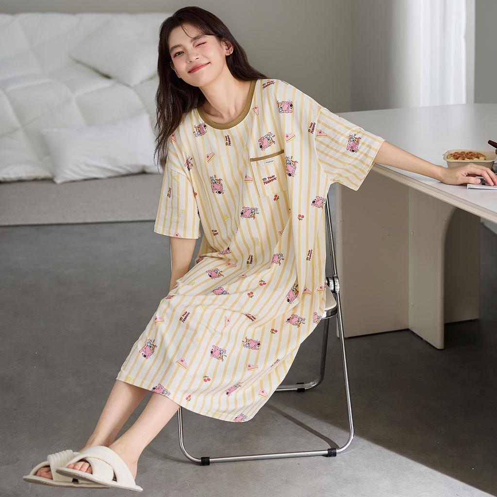 [With Chest Pad] Pajama Women's Spring and Autumn Pure Cotton Thin Long-sleeved Summer Pajamas Large Size Cartoon Loungewear Super Long Dress