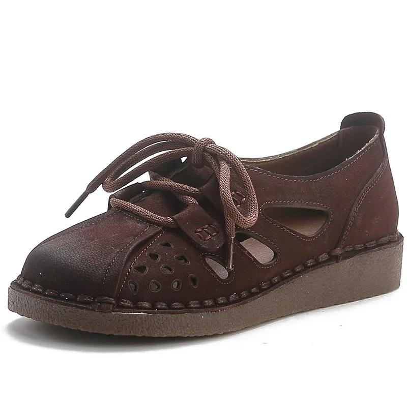 Cow Genuine Leather Soft Soled Hollow Sandals for Women Retro Casual Women Shoes Comfy Retro Wide Toe Thick Soled Women's Shoes