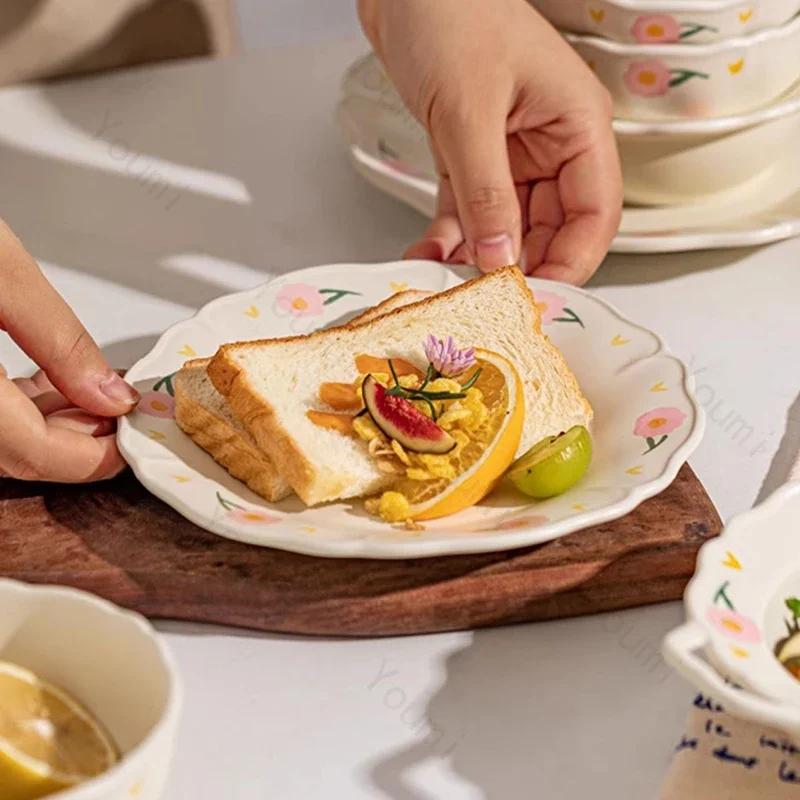 Retro-Blumen-Keramikteller, modisch, kreativ, köstliche Suppenschüssel, für Zuhause, Nachmittagstee, Dessert, Obstteller, exquisiter Fischteller