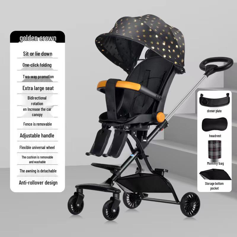 Lightweight Foldable Two-Way Reclining High Landscape Baby Stroller with Four Wheels.