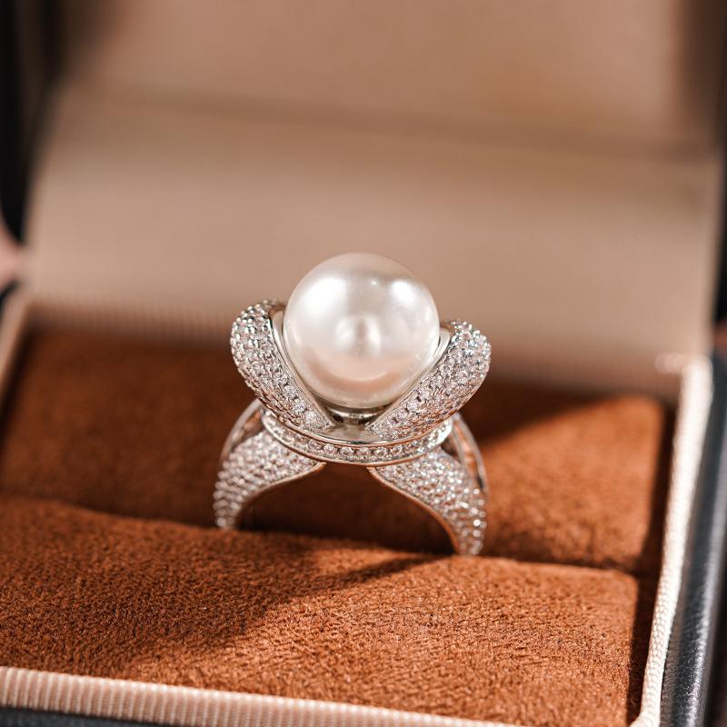 Huitan Fashion Gorgeous Simulated Pearl Ring for Women Luxury Engagement Jewelry with Brilliant Cubic Zirconia Graceful Gift