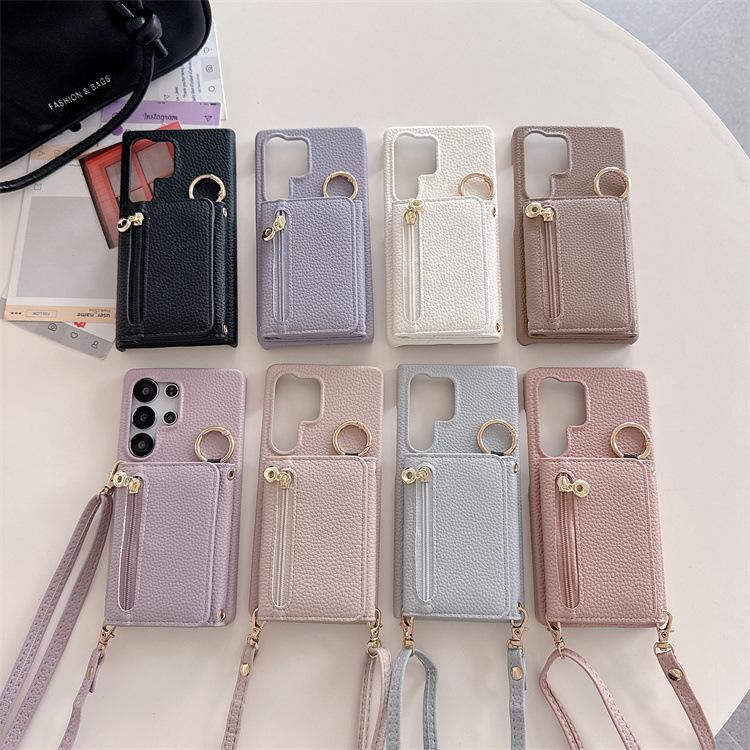 Applicable To Samsung S25Ultra Mobile Phone Case, Lychee Pattern Zipper Bag S25FE Messenger Card S24plus Protective Case
