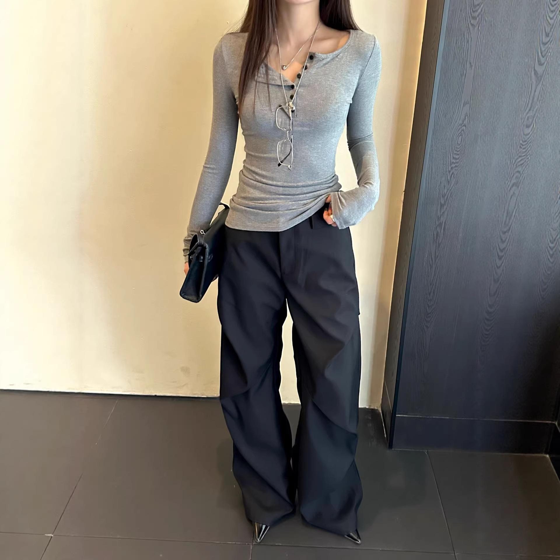 Lu Sheng Unisex Retro Grey Dress Pants: Pleated, Slimming, Loose Fit, Body-Hugging, Casual Long Style. XXL