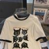 Women's Summer 2024 Loose Fit Cartoon Cat Print T-Shirt - Pure Cotton, Contrast Collar, Short-Sleeved Casual Top