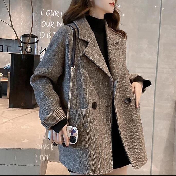 Women's Long Sleeve Blazer Notch Collar British Style Woolen Coat Loose Casual Outerwear