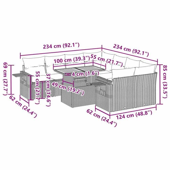 VidaXL Garden Lounge Set 9 Pcs with Grey Cushions Wicker, Outdoor Sofa Set, Corner Sofa Set 3327134
