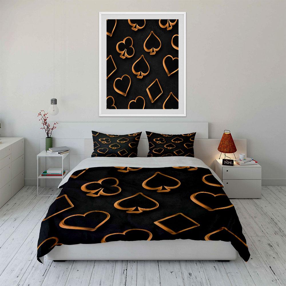 Goldenes Poker-Symbol Dekoratives Set Weiche Bequeme Bettbezug Bettwäsche-Set Enthalten 1*Bettbezug & 2*Kissenbezüge, Geschenk