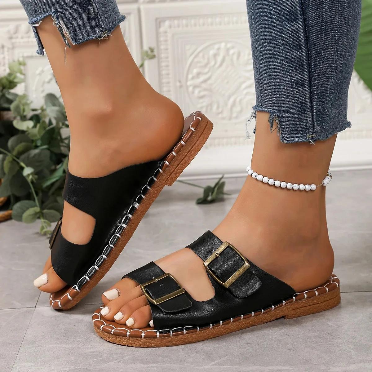 

Женские сандалии большого размера Летние новые сандалии на плоской подошве с круглым носком Пляжные шлепанцы Обувь слипоны с двойной пряжкой Полиуретановый материал 43 чёрный