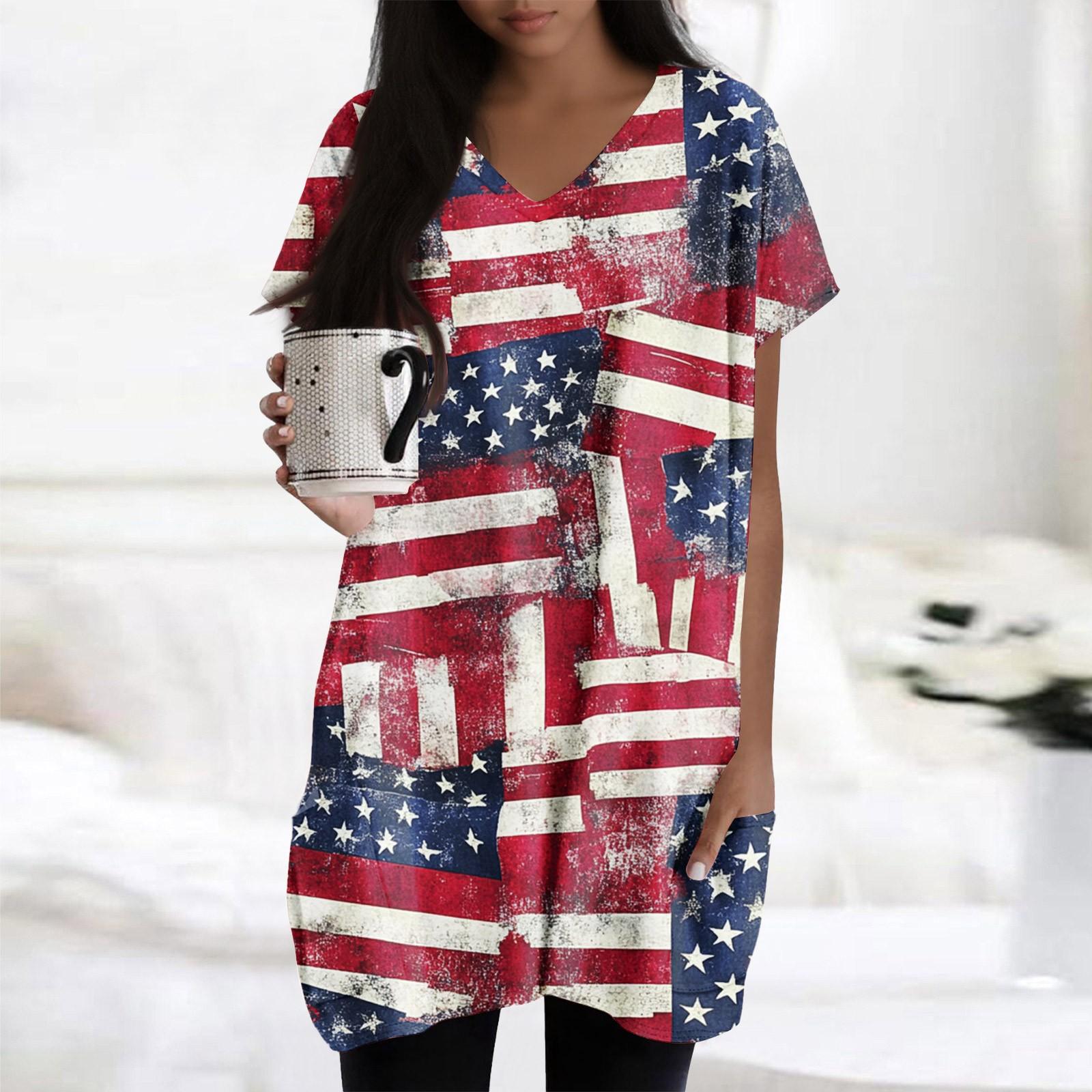 

Womens Tops V-neck Short Sleeve Blouses Casual Mid-length Shirts Fashion Print Tunic Tops With Pockets XL небо синє кольору