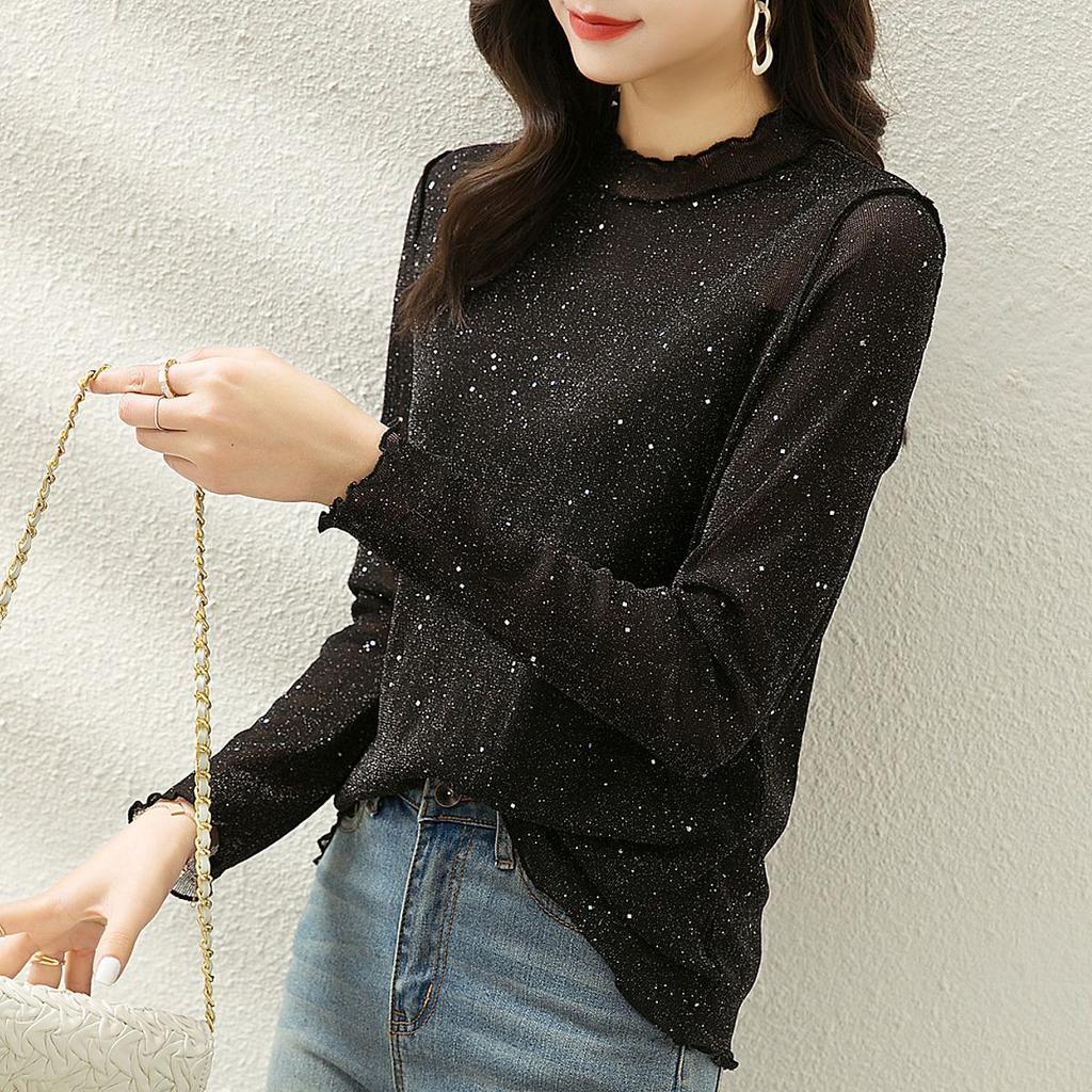 Mode Schmal Geschnittenes Temperament Dünnes Pailletten T-Shirt Elastische Spitze Unterhemd Damen Langarm Oberteil