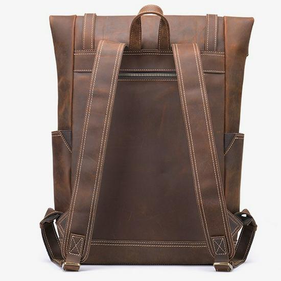 Men's Wear-Resistant Crazy Horse Leather Backpack for Travel and Hiking