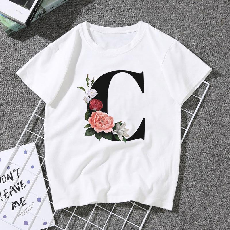 A B C D E English Alphabet Print T Shirt Women Short Sleeve Couples Lovers Female