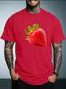 Unisex Black Crew Neck Tee Realistic Red Strawberry Fruit Print Short Sleeve Loose Casual Male Street Daily Summer Fashion Tops