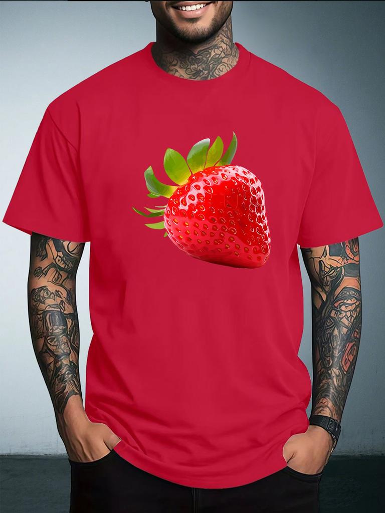 Unisex Black Crew Neck Tee Realistic Red Strawberry Fruit Print Short Sleeve Loose Casual Male Street Daily Summer Fashion Tops