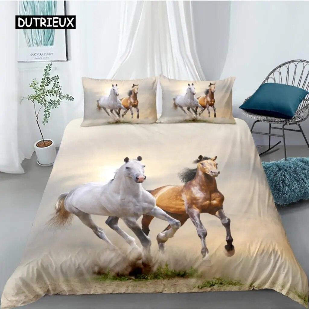 Horse Duvet Cover Set Twin King Size Galloping Steed Bedding Set Microfiber 3D three piece set Farm Animals Rustic Country Style Comforter Cover