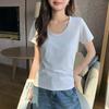 K front shoulder U-neck cotton short-sleeved T-shirt women's spring summer new solid color Korean version loose and thin bottoming shirt top