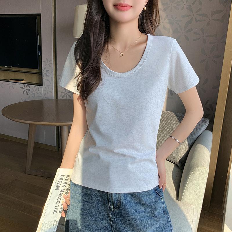 K front shoulder U-neck cotton short-sleeved T-shirt women's spring summer new solid color Korean version loose and thin bottoming shirt top