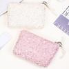 Sequined Cosmetic Bag Girls Stylish Glittery Clutch Makeup Bag with Faux Pearl Bow Zipper Puller Portable Travel Toiletry Organizer for