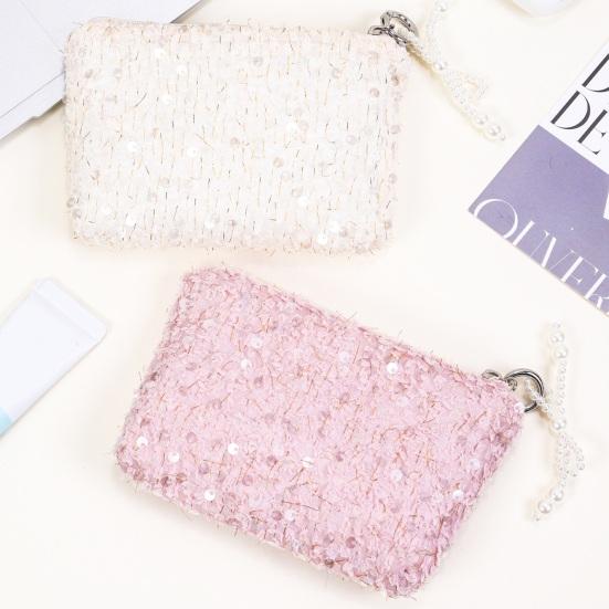 Sequined Cosmetic Bag Girls Stylish Glittery Clutch Makeup Bag with Faux Pearl Bow Zipper Puller Portable Travel Toiletry Organizer for