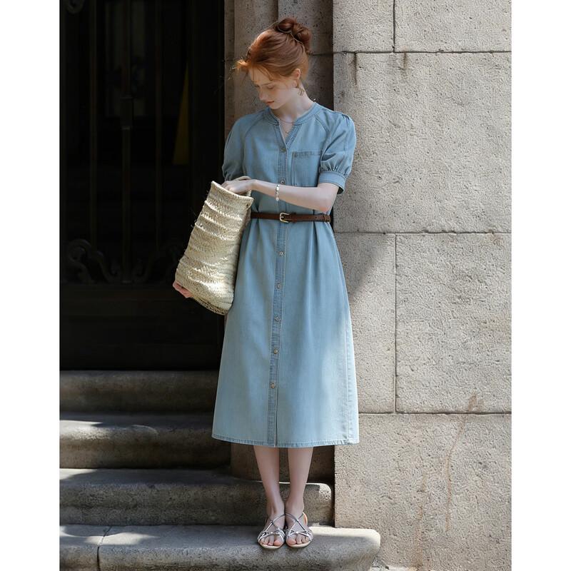 Demana Denim Cloud Cotton Round Neck Belted Dress