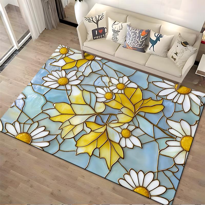 "Buntglas-Stil Teppich mit Gänseblümchen und gelben Blättern Muster" Geeignet für die Verwendung als Antirutsch für Wohnzimmer Schlafzimmer Sofas