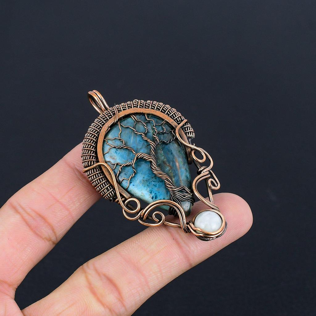 Neon Blue Apatite Gemstone Pendant 999 Copper Wire Wrapped Jewelry, Handmade Antique Pendant Jewelry, Gift For Mother