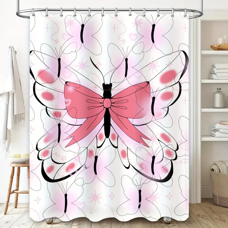 Pink Butterfly Shower Curtain With Black Outline Pattern For Bathroom Decor Waterproof Fabric, Flower Design Home Bath Accessori