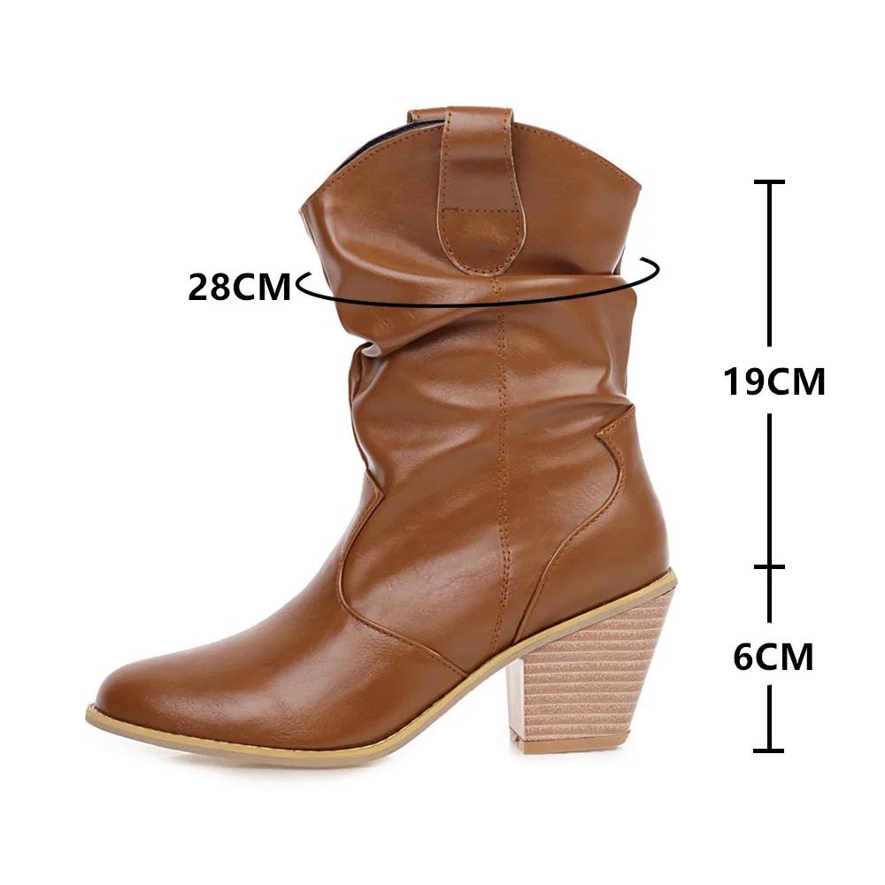 Fashion 2025 Motorcycle Western Cowgirl Boots Faux Leather Cowboy Ankle botas Women Wedge High Heel Boots chunky botas mujer size 34-43