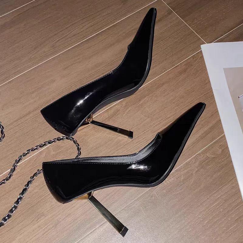 Poplar Forest Same Triangular Gold Heel Pointed Patent Leather Single Shoes Women's 2025 New Thin Heel Sexy Spice Girl Style High Heels
