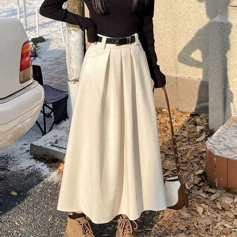 Mid Long Skirts Womens Corduroy Skirt Autumn Winter Korean Vintage High Waist Ruffle Pleated Skirts with Belt