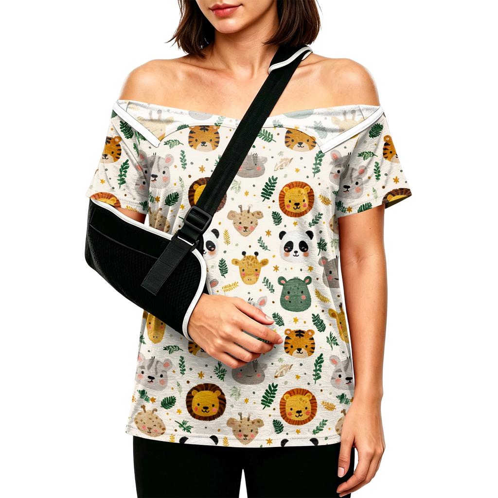 Post Surgery Women Short Sleeve Shirt Cartoon Animal Print Shoulder Zipper Side Velcro Closure Comfortable Fit Medical Recovery Top