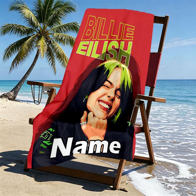 Custom Name Personalized Billie Eilish Print Beach Towel, for Trip Camping Beach Party Home Decor, Birthday Gift for Family & Friends