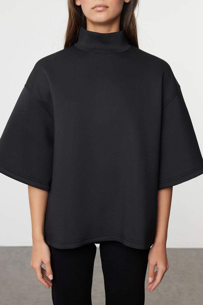 Women's Fashionable Stylish Sweatshirt Black Oversize Wide Fit Stand Collar Three Quarter Sleeve Knitted Sweatshirt