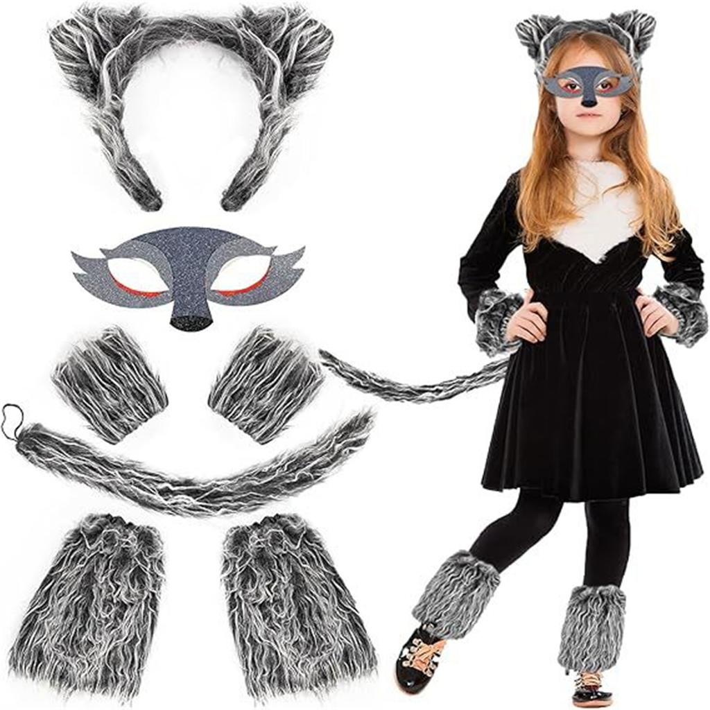 Unisex Gray Wolf Headbands and Tail Set for Kids Accessory for Halloweens Decoration and Birthday Party Costumes