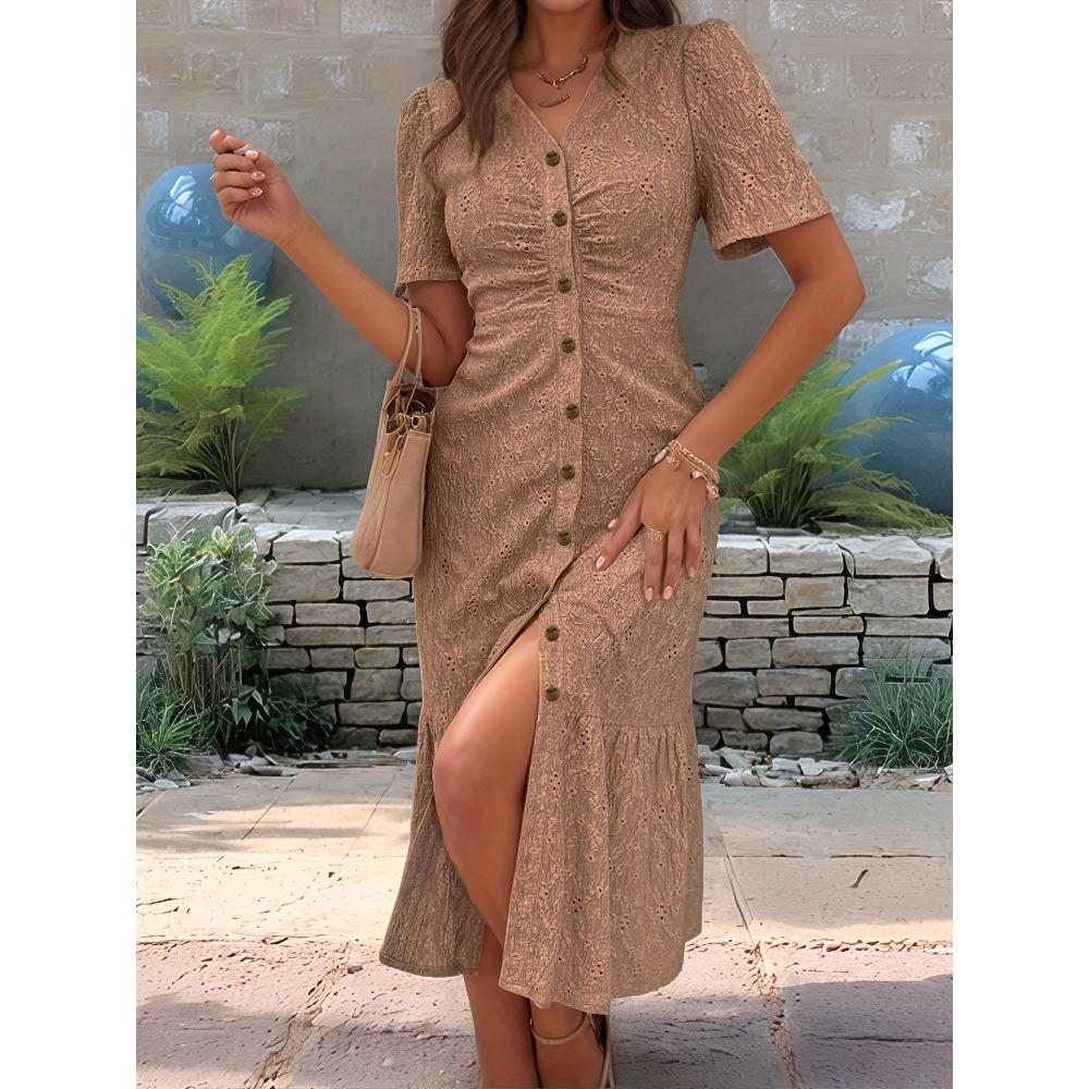 Women's Eyelet Embroidery V Neck Maxi Dress Short Sleeve Ruched Button Front Mermaid Hem Casual Dress