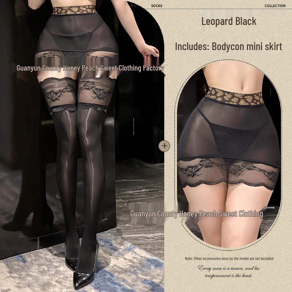 Seductive Sheer Hip-Hugging Miniskirt with Lace Trim and Over-the-Knee Black Stockings