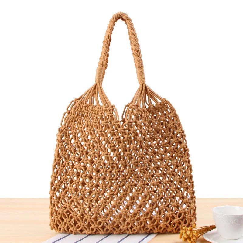 1 Pcs Wind Cotton Handmade Woven Bag Beach Bag One Shoulder Portable Leisure Hollowed Out Tourism And Vacation Fishing Net Bag