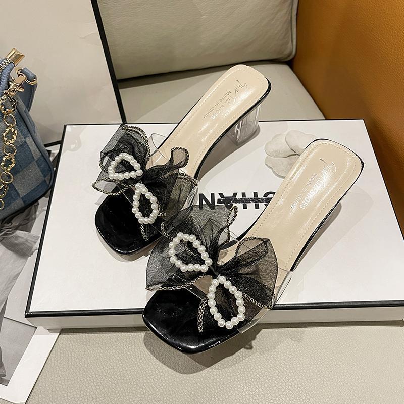 Fairy style slippers female summer outer wear 2025 new crystal thick heel pearl bow transparent high heel cool slippers