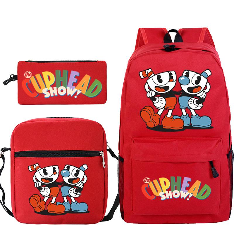 Cartoon Teacup Head Cuphead Student Backpack Oblique Span Bag Pencil Bag Primary And Secondary School Students Children'S Schoolbag Three-Piece Set