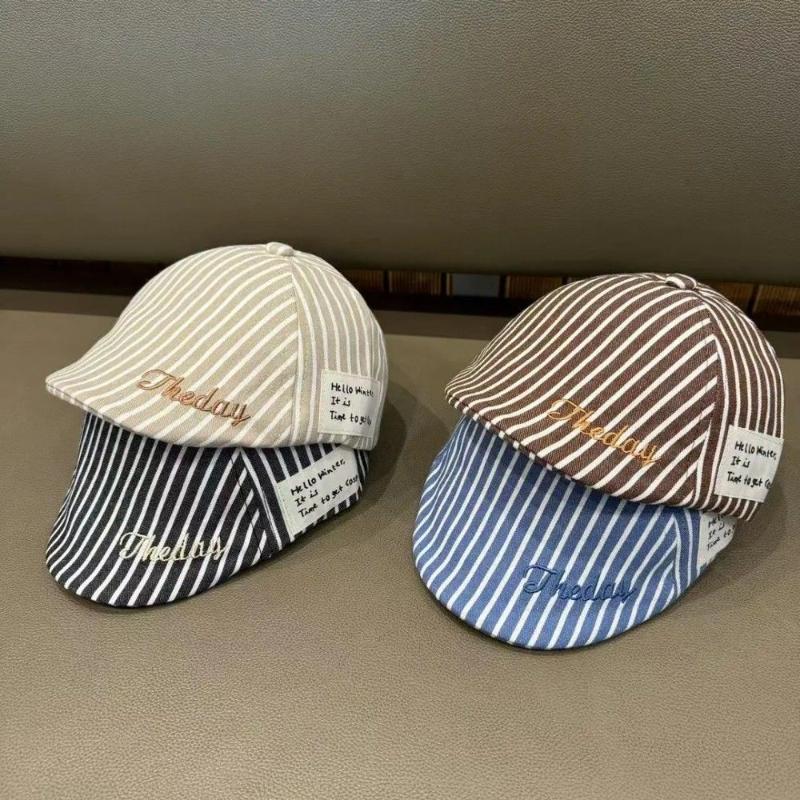 Fashion Striped Baby Beret Hat Spring Summer Letter Embroidery Short Brim Peaked Cap Boy Girl Toddler Kids Sun Visors