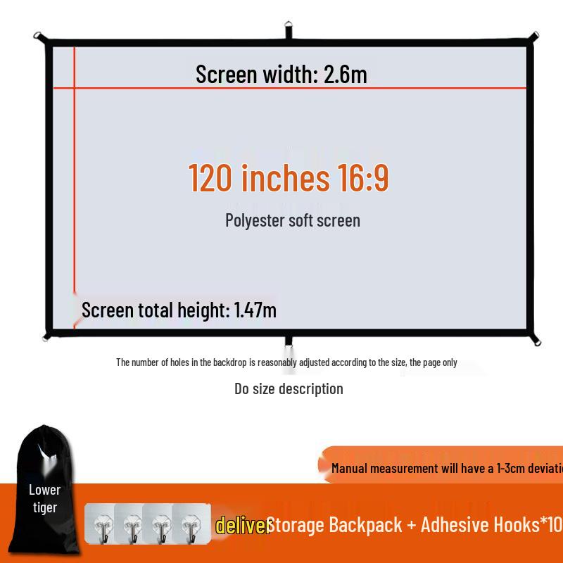 Punch-Free Wall-Mounted Outdoor Camping Projector Screen, High-Definition, 84-120 Inch