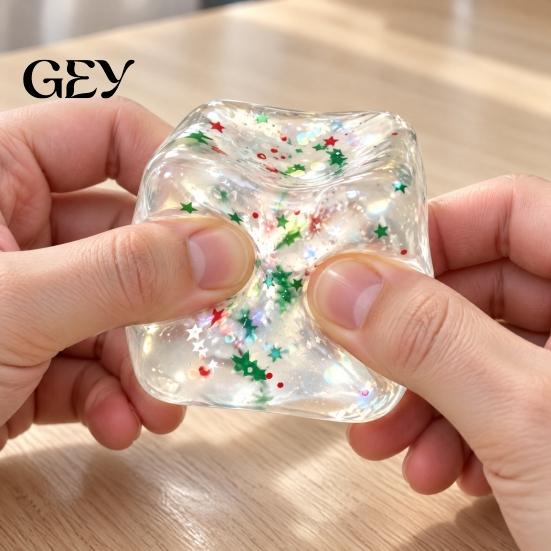 Christmas Stocking Stuffers Stress Cube Fidget Toy, Transparent Squeeze Toy with Glitter, Relaxation Hand Ball Sensory for Anxiety Relief &