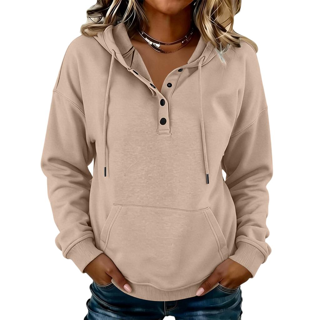 Women's Loose Fit V-Neck Hoodie with Drawstring and Pockets, Long Sleeve Color for Everyday Wear