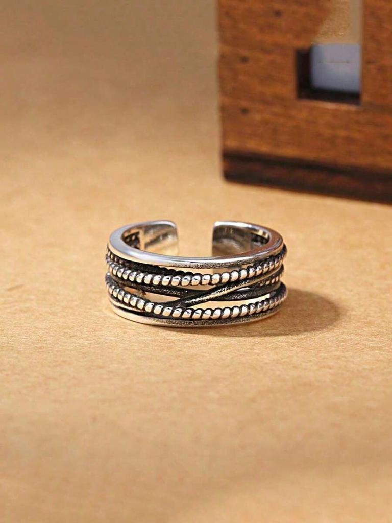 1pc Vintage Royal Style Thumb Knitted Multi-Layer Open Ring, Thick Adjustable Ring, Rugged Bohemian Elegant Ring