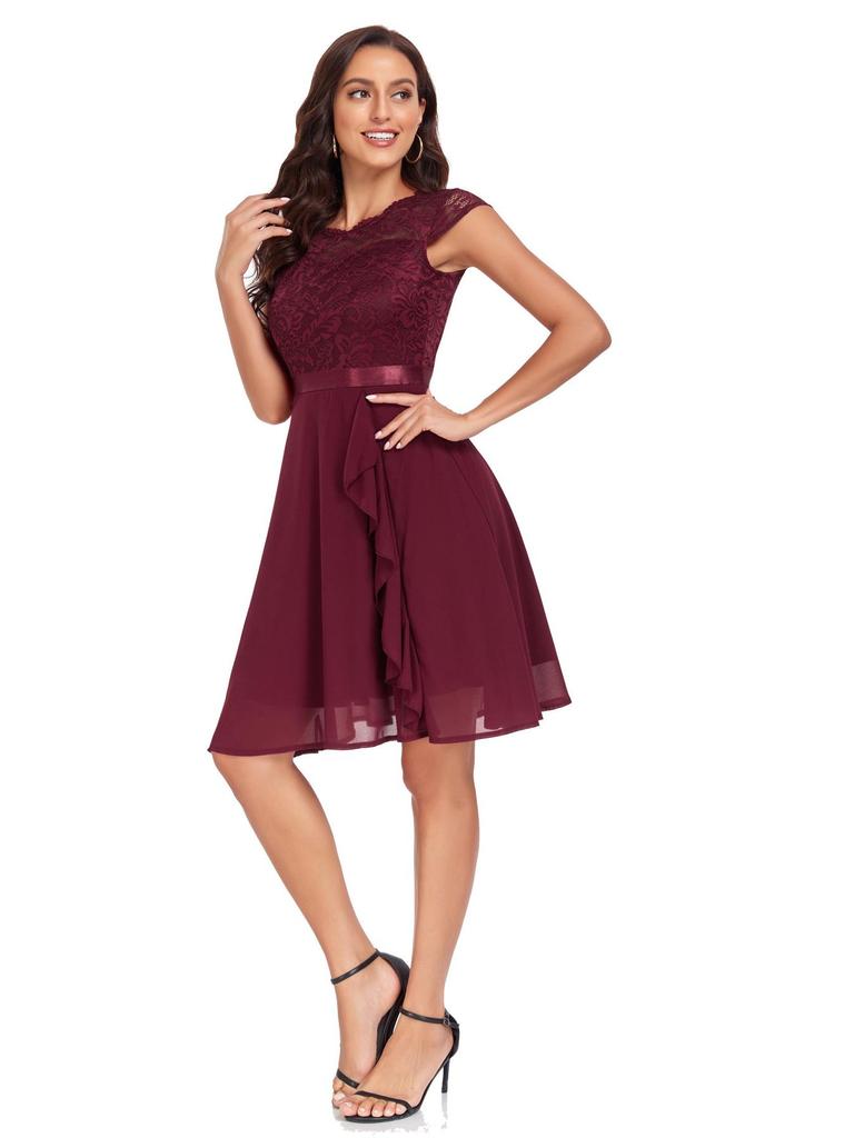 Plus Size Women's Lace Patchwork Chiffon Dress - Round Neck, Waist-Slimming, Big Swing, Hepburn Style