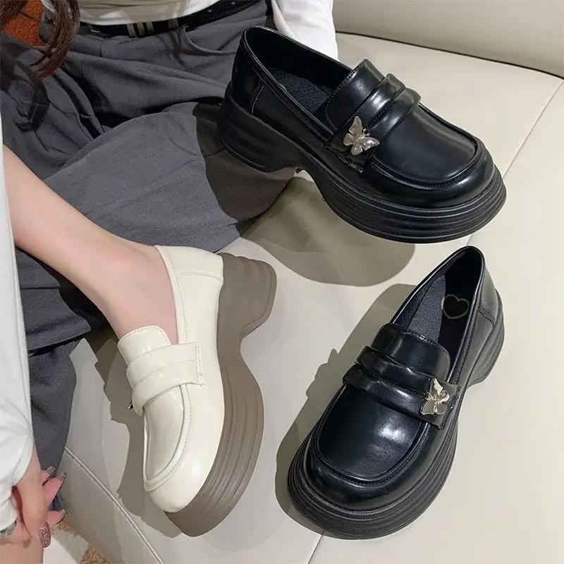 Fashion Round Toe Shoes for Women Platform with Medium Heels Woman Pumps Loafers Luxury Brand Chic Point Discount Slip on Spring Fashion
