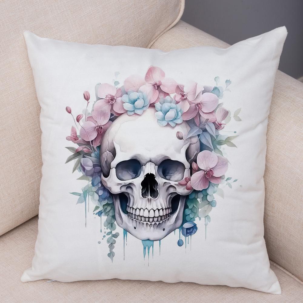 Coral Petal Skull Cushion Cover Double Print Orchid Watercolor Pillowcase Soft Plush Lavender Floral Skull Cushion Cover