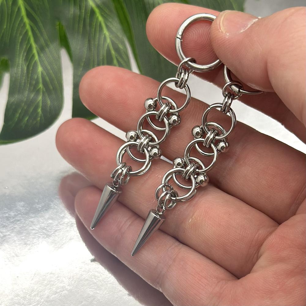 Gothic Punk Handmade Stainless Stell Spike Hoop Earrings for Women Grunge Byzantine Chainmail Chain Dangle Earrings